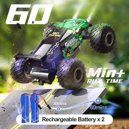 Remote Control Car RC Cars All Terrain Monster Truck, Outdoor 2WD Off Road Hobby RC Truck with 2 Rechargeable Batteries and Colorful Light, 20Km/h Fast RC Car Toys Gift for Kids Boys