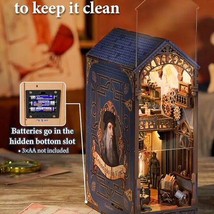 Tonecheer DIY Book Nook Kit for Adults, 3D Puzzle Wooden Miniature House Kit, Booknook Dollhouse Bookshelf Insert Decor Bookend with Dust Cover and LED Lights Gifts (Leonardo da Vinci)
