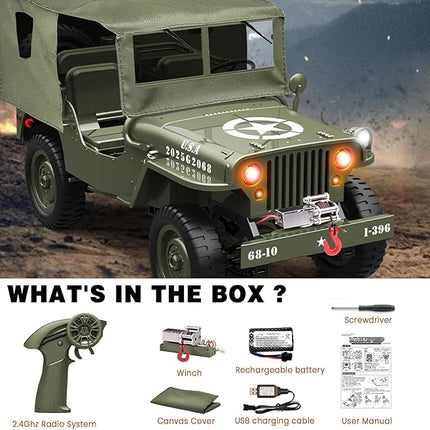Remote Control Truck, RC Willys Military Jeep Car 1/12 Scale with Rechargeable Battery & Winch System, 2.4Ghz 4x4 Off-Road Remote-Control Crawler Vehicle for Boys Adult, Christmas Birthday Gift