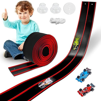 Flexible Race Track Toys for Kids 15 Ft with 4 Cars & Suction Cups, Portable Double Lane Racetrack Compatible with Hot Wheels & 1/64 Diecast Cars, Fun Car Ramp Track Set for Ages 3+(Black & Red)