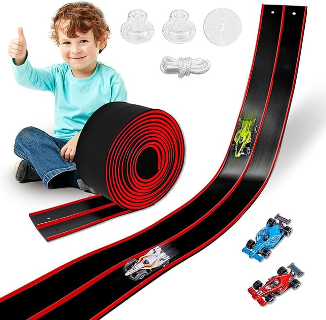 Flexible Race Track Toys for Kids 15 Ft with 4 Cars & Suction Cups, Portable Double Lane Racetrack Compatible with Hot Wheels & 1/64 Diecast Cars, Fun Car Ramp Track Set for Ages 3+(Black & Red)