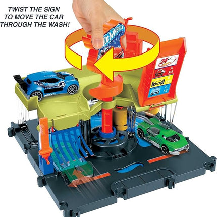 Hot Wheels City Toy Track Set, Downtown Express Car Wash Playset with 1:64 Scale Vehicle, Foam Roller & Drying Flaps