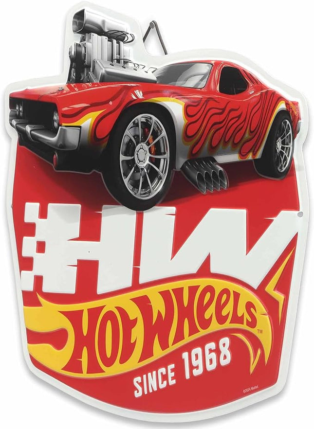Mattel Hot Wheels Red Muscle Car Since 1968 Embossed Metal Sign - Fun Hot Wheels Wall Decor for Kids' Bedroom