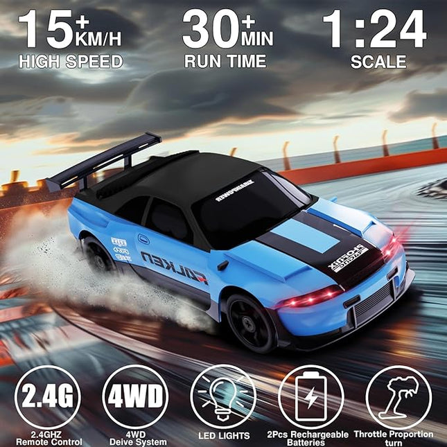 Remote Control Car RC Drift Car 2.4GHz 1:24 4WD 15KM/H High Speed Racing Sport Car with LED Lights Drifting Tire Racing Sport Toy for Adults Boys Girls Kids Gift 2Pcs Rechargeable Batteries