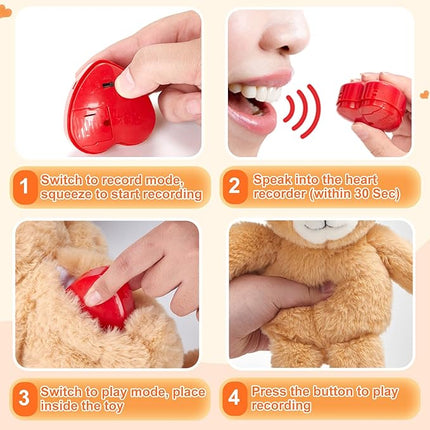 10" Recordable Heartbeat Bear Stuffed Animals Love You Mom with Voice Sweet Messages Recorder Soft Plush Toy Playback Your Words Gifts for Mother's Day Mom