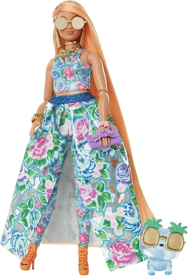 Barbie Extra Fancy Fashion Doll & Accessories with Curvy Shape & Orange Hair in Floral 2-Piece Gown with Pet Kitten