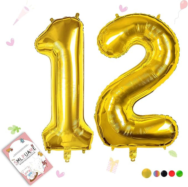Smlpuame 40 inch Number Balloon 0-9 Gold Large Number 12 Balloons,Digital Balloons for Birthday Party Celebration Decorations Supplies, Helium Foil Number Balloons for Wedding Anniversary
