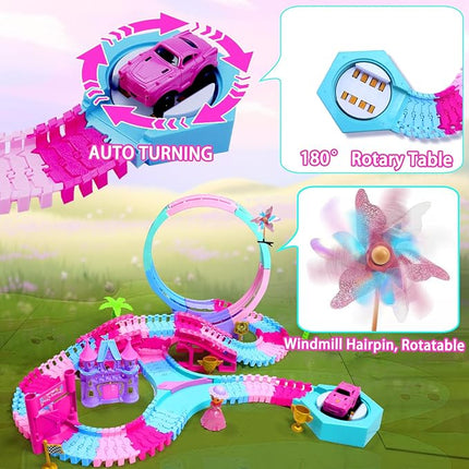 178 PCS Track Toy, Pink Racing Tracks Toys for 3 4 5 6 Year Old Girls, Flexible Tracks Car Magic Bendable Race Track Princess Toys with Light & Music for Toddlers, Kids and Girl Xmas Birthdays Gifts