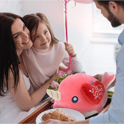 DolliBu I Love You Valentine Plush Pink Narwhal - Cute Stuffed Animal with Red Heart and Name Personalization Gift for Valentine's Day, Birthday, Anniversary - 11.75 Inches