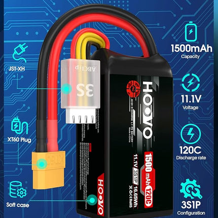 HOOVO 3S 120C 11.1V 1500mAh LiPo Battery with XT60 Plug for FPV Racing RC Quadcopter Helicopter Airplane Multi-Motor Hobby DIY Parts (2 Pack)
