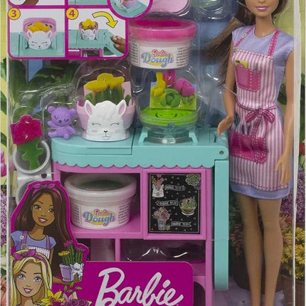 Barbie Florist Doll & Playset, Flower-Making Station with Molds, 3 Dough Colors & Accessories, Brunette Fashion Doll