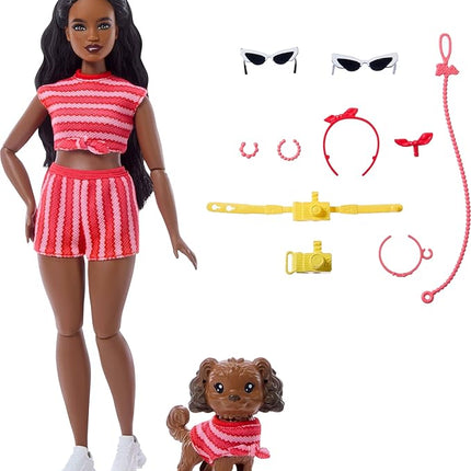 Barbie Twinning Looks Doll with Pet Dog in Matching Red Striped Clothes and Accessories for Both like Sunglasses and Headbands, Wavy Black Hair