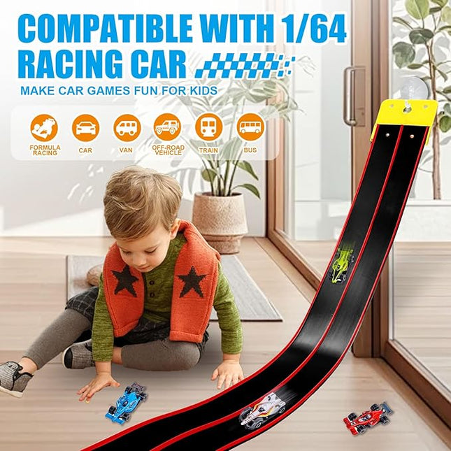 Flexible Race Track Toys for Kids 15 Ft with 4 Cars & Suction Cups, Portable Double Lane Racetrack Compatible with Hot Wheels & 1/64 Diecast Cars, Fun Car Ramp Track Set for Ages 3+(Black & Red)
