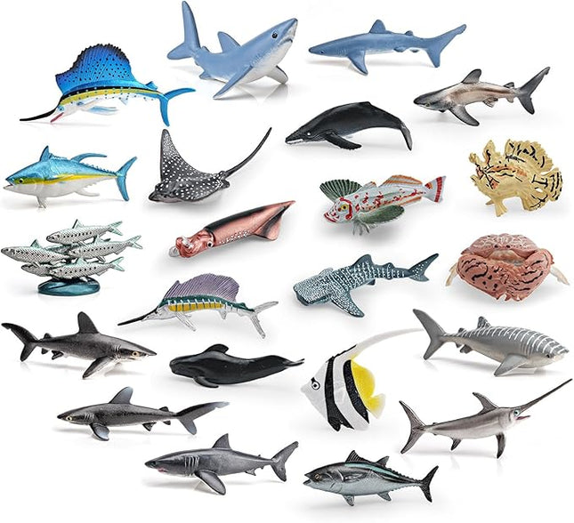 22PCS Mini Sea Ocean Animal Toys Sea Creatures for Cake Topper 2-4 Inch Marine Animal Figures Mini Shark Toy Bath Toys Educational School Project for Kids Toddlers