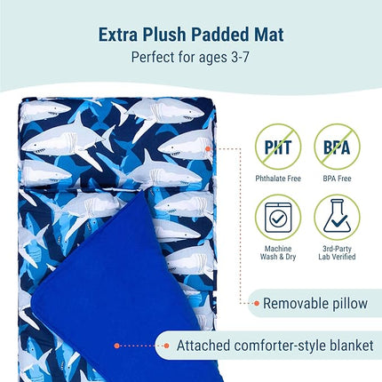 Wildkin Kids Original Nap Mat – Cozy Kids Sleep Mat with Pillow, Ideal for School & Travel - Sharks