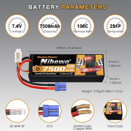 2Packs 2S Lipo Battery Pack, 7.4V 7500mAh RC Battery 100C Hard Case Lipos EC5 Connector Compatible with Arrma Axial 1/8 1/10 RC Car Truck Truggy Vehicles Tank Boat Airplane Models