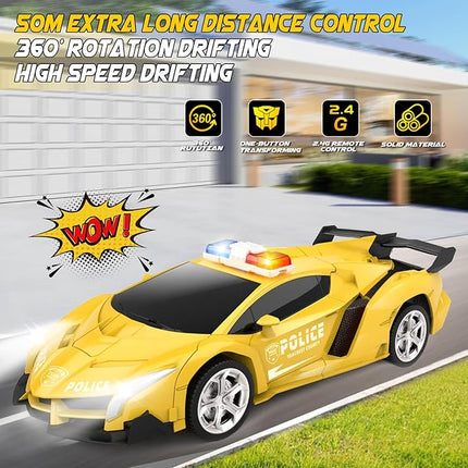 Transform Remote Control Car - Rc Cars, One-Button Transforming, 360° Rotation Drifting, 2.4ghz 1:18 Scale, Gift Kids Aged 4-6 Year Old Boys/Girls, Police Car Yellow