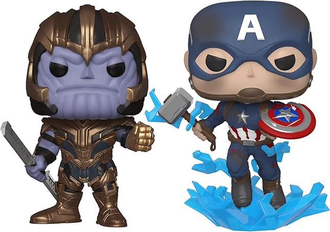 Funko Pop! Marvel: Avengers Endgame 2-Pack – Thanos (#453) with Infinity Gauntlet & Captain America (#573) with Mjolnir & Broken Shield