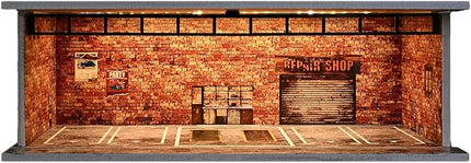 Display Case for Hot Wheels,Diorama 1/64 Scale Car Garage Model with LED Lights and Acrylic Cover, Stackable Car Parking Lot Model,Diecast Car Display Case (Vintage Garage)