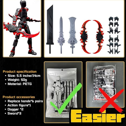 (Assembly Completed) T13 Action Figure, 5.5 Inch 3D Printed Multi-Jointed Movable Dummy 13 Toy,Dummy 13 Robot Action Figure with Lots of Weapons, Black Red