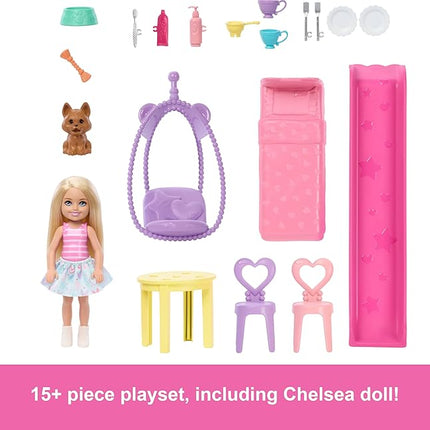 Barbie Chelsea Toy Dollhouse with 15+ Accessories, Pop-Up House Expands to 17+ x 13+ inches with 5 Play Areas & Slide, Includes Small Doll & Pet Dog