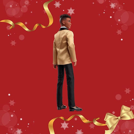 Barbie Signature 2025 Holiday Dark Brown Hair Ken Collectible Fashion Doll Wearing Full Suit with Golden Jacket in Displayable Packaging & Doll Stand