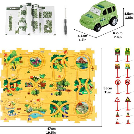Plastic Dinosaur Puzzles for Kids with A Cute Car, Montessori Toys for 3 4 5 6 Year Old Boys, Race Tracks for Kids 3-5, Toddler Puzzle Track Play Set, Gifts for 3 4 5 6 Year Old Boys Toys
