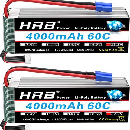 HRB 2pcs 6S Lipo Battery EC5 22.2V 4000mAh 60C RC Lipo Battery Compatible with RC Quadcopter Helicopter Car Truck Boat Hobby