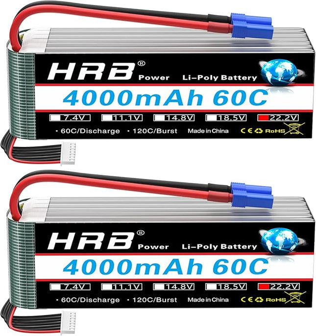 HRB 2pcs 6S Lipo Battery EC5 22.2V 4000mAh 60C RC Lipo Battery Compatible with RC Quadcopter Helicopter Car Truck Boat Hobby