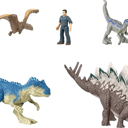 Mattel Jurassic World Dominion Chaotic Cargo Pack of 5 Mini Figures, 1 Human & 4 Dinosaur Toys in Cargo Truck-Themed Package