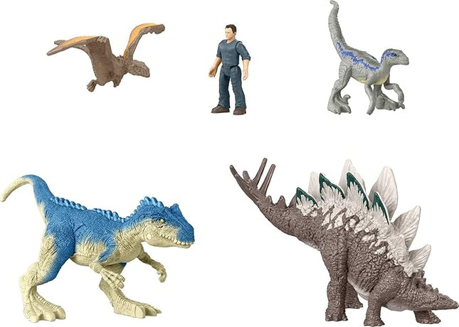 Mattel Jurassic World Dominion Chaotic Cargo Pack of 5 Mini Figures, 1 Human & 4 Dinosaur Toys in Cargo Truck-Themed Package