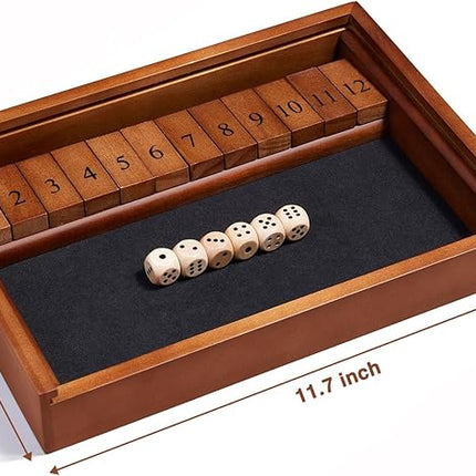 VAMSLOVE Shut The Box Dice Game Wooden Board Table Math Game for 2 Players and Up, 12 Numbers Close The Box with 6 Dice for Kids Adults Family (Instructions Included)