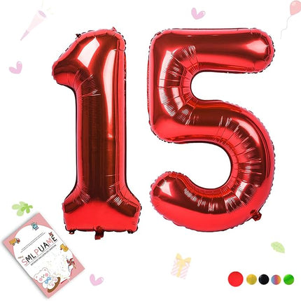 Smlpuame 40 inch Number Balloon 0-9 Red Large Number 15 Balloons,Digital Balloons for Birthday Party Celebration Decorations Supplies, Helium Foil Number Balloons for Wedding Anniversary