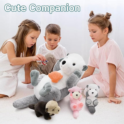 MorisMos 5Pcs Sea Otter Stuffed Animal with Babies,23.6'' Giant Mommy Stuffed Otter Toy with 3 Babies & Plush Seashell, Boy Girl Sea Animal Toys for Kids 3-5 Birthday Christmas Decor