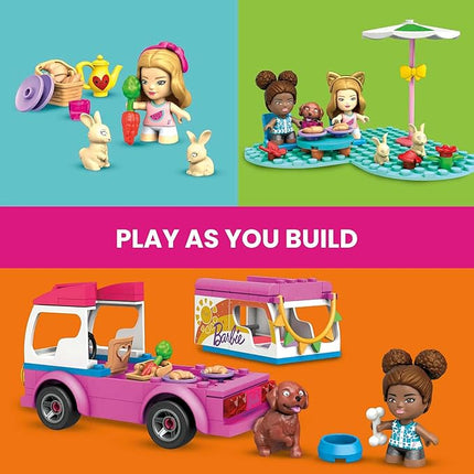 MEGA Construx Barbie Kids Building Toy Set, Adventure DreamCamper with 123 Pieces, 2 Micro-Dolls, Furniture and Accessories, Pink, Ages 5+ Years