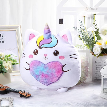 Leyndo Stuffed Unicorn Pillow Plush 14 Inch Cat Plush Toy Unicorn Cat Stuffed Animal Birthday Kitty Plushies Pillow for Christmas Birthday Kids Toddlers Girls Boys Room Sofa Car Decor(Cute)
