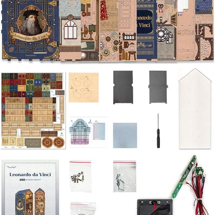 Tonecheer DIY Book Nook Kit for Adults, 3D Puzzle Wooden Miniature House Kit, Booknook Dollhouse Bookshelf Insert Decor Bookend with Dust Cover and LED Lights Gifts (Leonardo da Vinci)