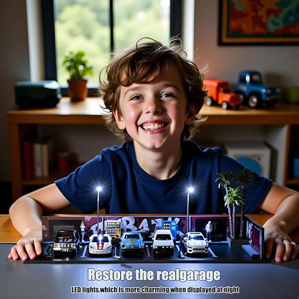 1/64 Diorama Garage, Garage and Display Case for Model Car, Scenic Diorama Display Car Park with 2 LED Street Lamps and 5 Outdoor Parking Spaces (American-Style Garage)