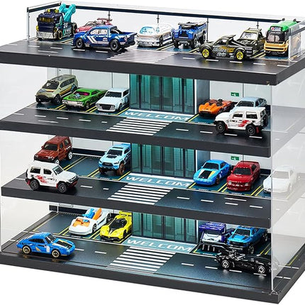 Display Case for Hot Wheels Garage & Matchbox Cars with LED Light, 1/64 Scale Diecast Toy Cars Garage, Storage Case for Hot Wheels, Parking Garage Diorama with 4 Levels Maximum 58 Cars