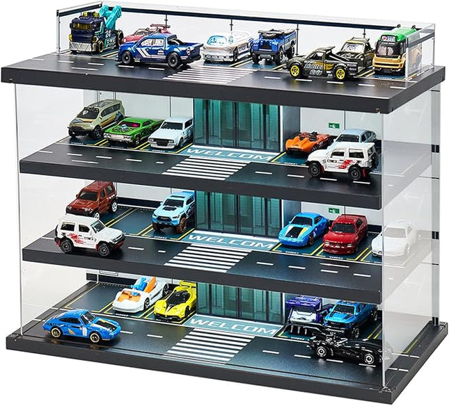 Display Case for Hot Wheels Garage & Matchbox Cars with LED Light, 1/64 Scale Diecast Toy Cars Garage, Storage Case for Hot Wheels, Parking Garage Diorama with 4 Levels Maximum 58 Cars
