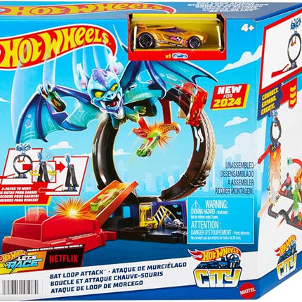Hot Wheels City Toy Car Track Set, Bat Loop Attack with Adjustable Loop & Launcher, 1:64 Scale Vehicle, Connects to Other Sets