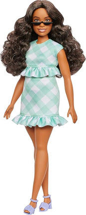 Barbie Fashionistas Doll #240 with Wavy Dark Brown Hair Wearing Minty Green Ruffled Gingham Dress, Sunglasses and Lavender Heels Accessories