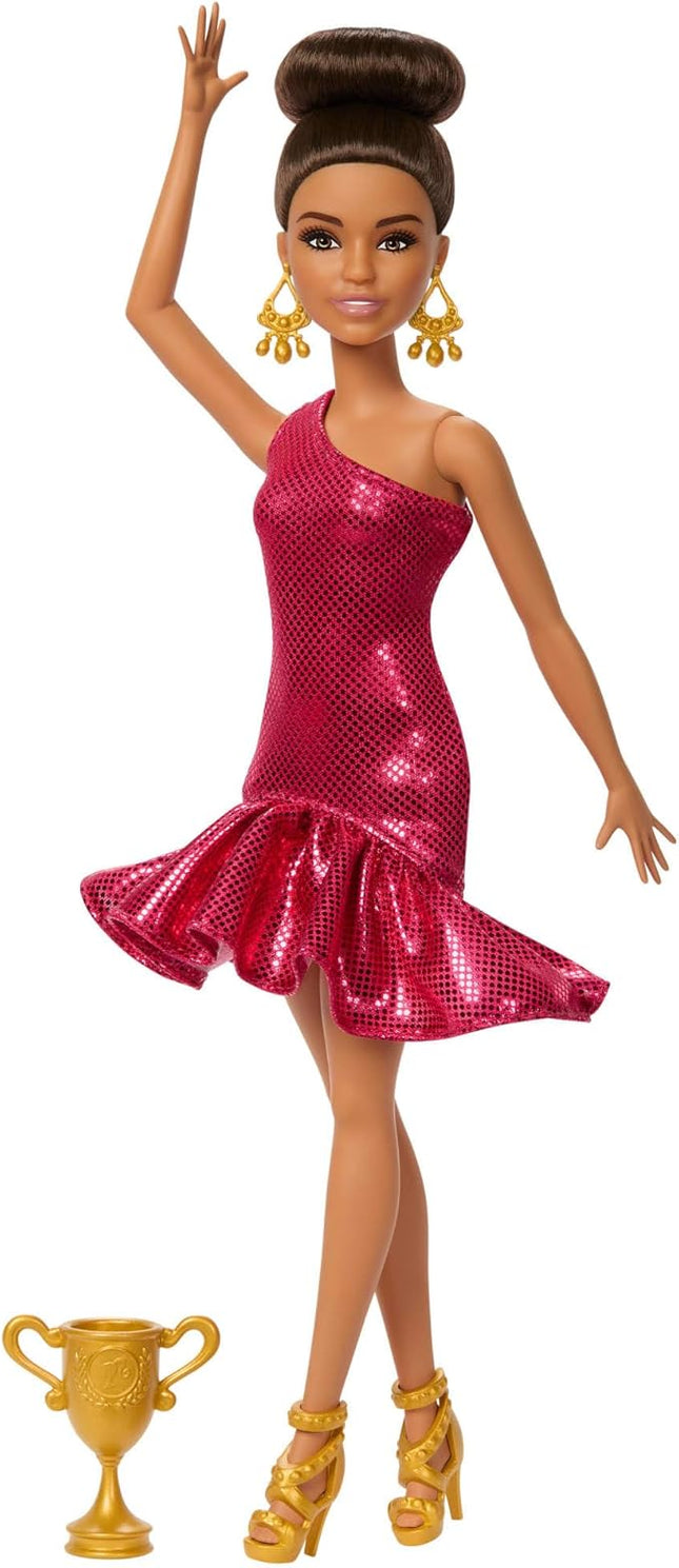 Barbie Ballroom Dancer Fashion Doll with Red Ruffle Dress, Dancing Shoes & Brown Styled Hair, Dancing Trophy Accessory