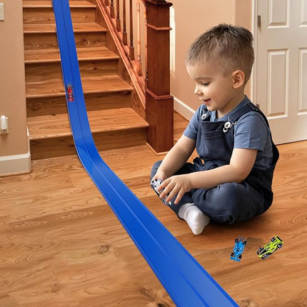 15 Ft Flexible Race Car Track for Kids, Double-Sided Racetrack for 1:64 Diecast Cars Toys, Rolls Up Portable Race Tracks with 4 Car & Suction Cups, Birthday Gifts for Boys Girls Ages 3-5 5-7, Blue