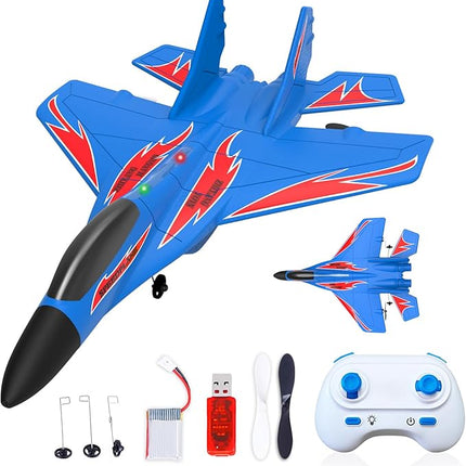 Foam Remote Control Wireless Airplanes RC Planes, Remote Control Fighter Toys, 2CH 2.4Ghz RC Fighter Jet with Light, Hobby Rc Airplanes Easy to Fly for Kids Boys Adults(Blue)