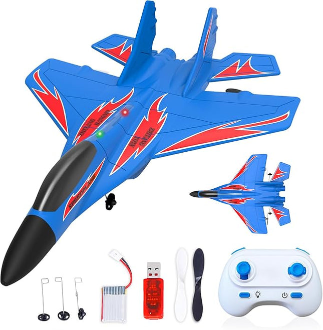 Foam Remote Control Wireless Airplanes RC Planes, Remote Control Fighter Toys, 2CH 2.4Ghz RC Fighter Jet with Light, Hobby Rc Airplanes Easy to Fly for Kids Boys Adults(Blue)