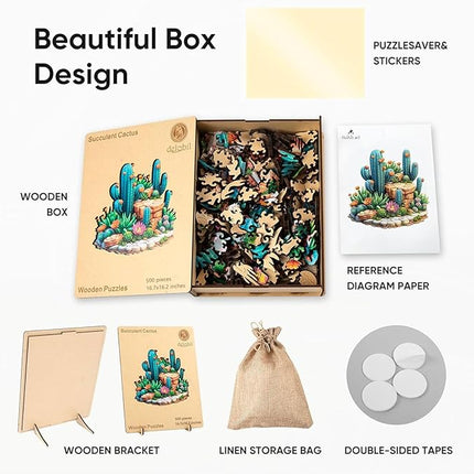 delobil Succulent Cactus Wooden Puzzles for Adults, 500 Pieces Jigsaw Puzzles, Unique Shaped Medium Size Liberty Wood Puzzle Gift for Adults and Kids, Family Game 16.7'' x 16.2''