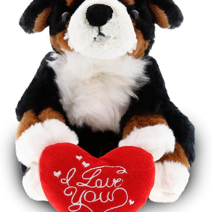 DolliBu I Love You Valentine Plush Bernese Dog - Cute Stuffed Animal with Red Heart and Name Personalization Gift for Valentines Day, Birthday, Anniversary, Romantic Date - 7 Inches