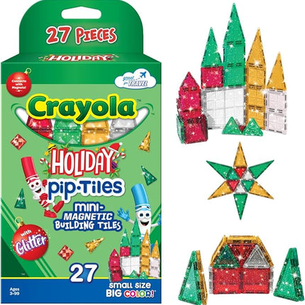 CreateOn Crayola Holiday Glitter Mini PIP Magnetic Tiles, Magnetic Kids’ Building Toys, STEM Learning Travel Toys for Boys and Girls, 27-Piece Set