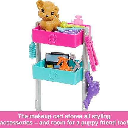 Barbie Stylist Doll & 14 Accessories, Blonde Barbie "Malibu" Fashion Doll On-set with Cart, Smock, Makeup Palette, Pet Puppy & More